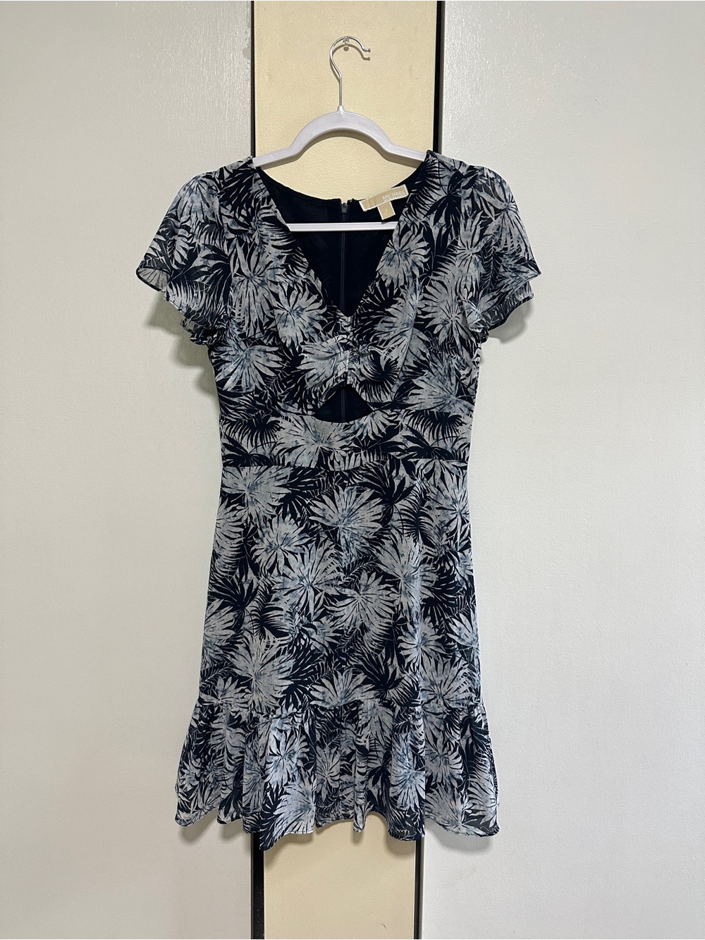 Michael Kors Navy & White Palm-Print Twist Front Mini Dress